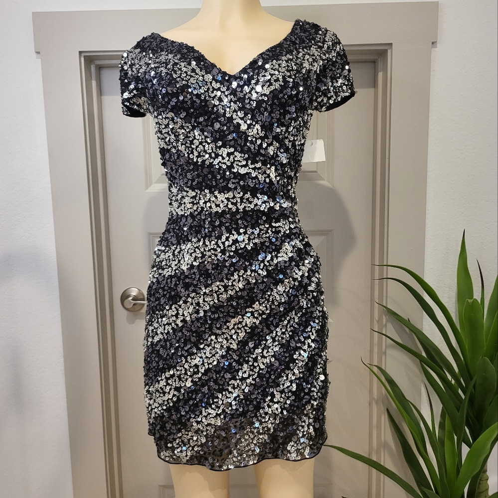 Sequin short black dress with cap sleeves